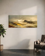 A dreamy valley of rolling green and golden hills wrapped in soft morning mist and warm sunrise light. panoramic glass wall art C