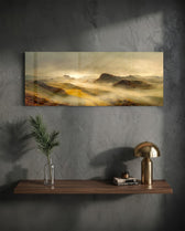 A dreamy valley of rolling green and golden hills wrapped in soft morning mist and warm sunrise light. panoramic glass wall art D