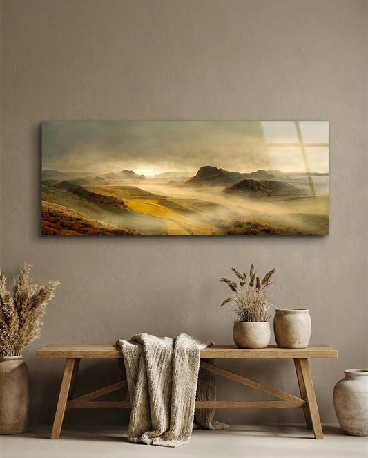 Misty Golden Valley Sunrise Glass Wall Art (36"x14")