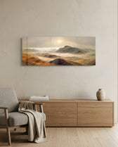 A rugged range of ochre and red-brown mountains and hills wrapped in drifting fog beneath a pale rising sun. panoramic glass wall art A