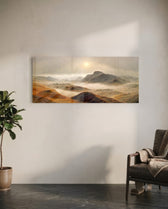 A rugged range of ochre and red-brown mountains and hills wrapped in drifting fog beneath a pale rising sun. panoramic glass wall art C