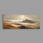 A rugged range of ochre and red-brown mountains and hills wrapped in drifting fog beneath a pale rising sun. panoramic glass wall art E