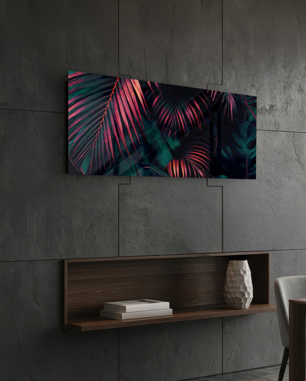 Neon Pink Tropical Leaves Glass Wall Art (36"x14")