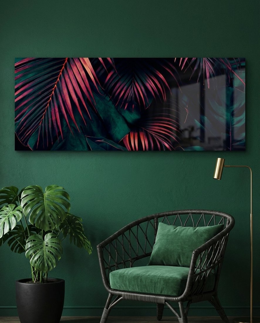 Neon Pink Tropical Leaves Glass Wall Art (36"x14")