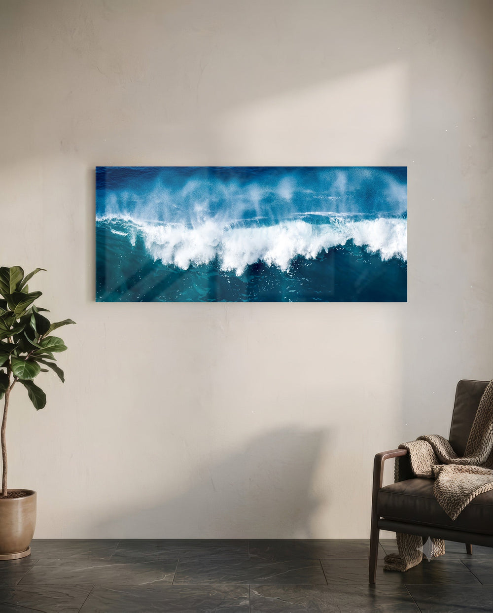 A powerful blue ocean wave breaking into white foam and spray across a wide panoramic seascape. panoramic glass wall art C