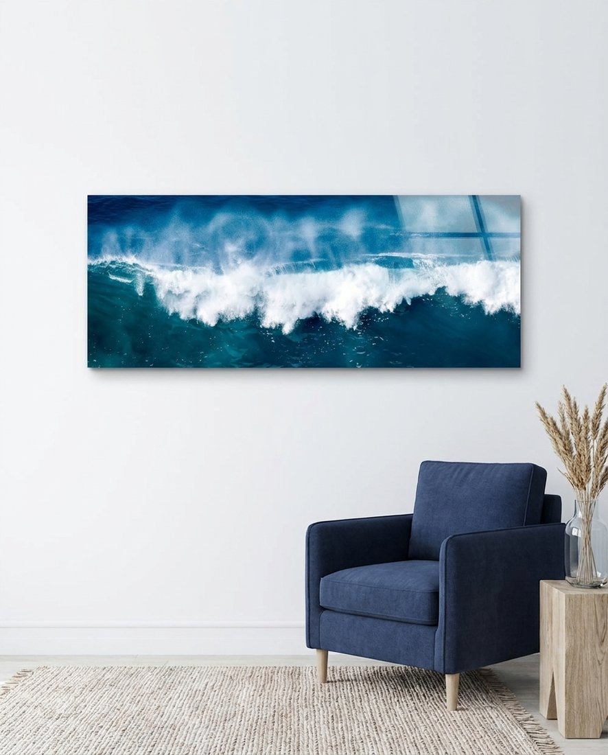 Cresting Blue Ocean Wave Glass Wall Art (36"x14")