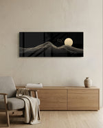 Minimalist gold line-art mountains beneath a full cream moon and a small flock of birds on a black ground. panoramic glass wall art A