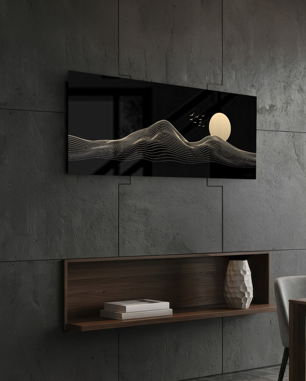 Golden Line Mountains and Moon Glass Wall Art (36"x14")