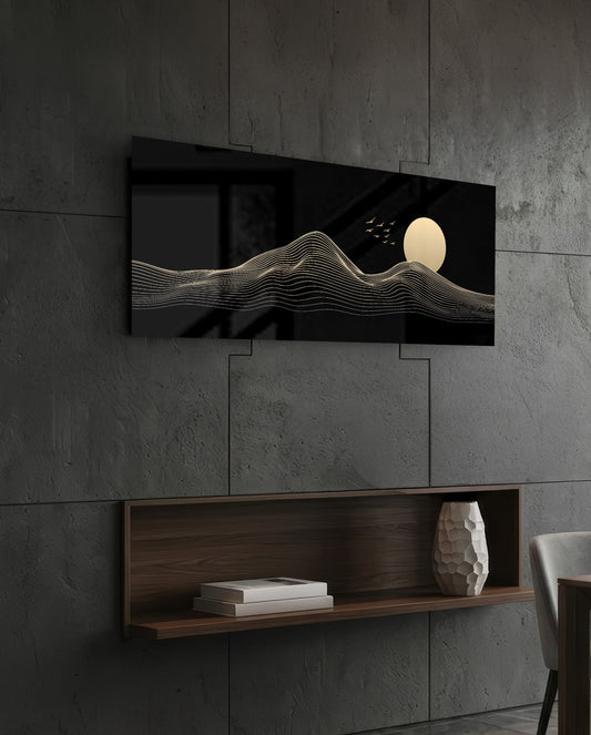 Golden Line Mountains and Moon Glass Wall Art (36"x14")