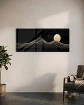Minimalist gold line-art mountains beneath a full cream moon and a small flock of birds on a black ground. panoramic glass wall art C