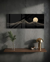 Minimalist gold line-art mountains beneath a full cream moon and a small flock of birds on a black ground. panoramic glass wall art D