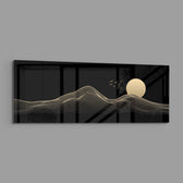 Minimalist gold line-art mountains beneath a full cream moon and a small flock of birds on a black ground. panoramic glass wall art E