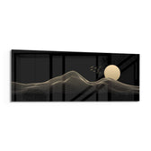 Minimalist gold line-art mountains beneath a full cream moon and a small flock of birds on a black ground. panoramic glass wall art F