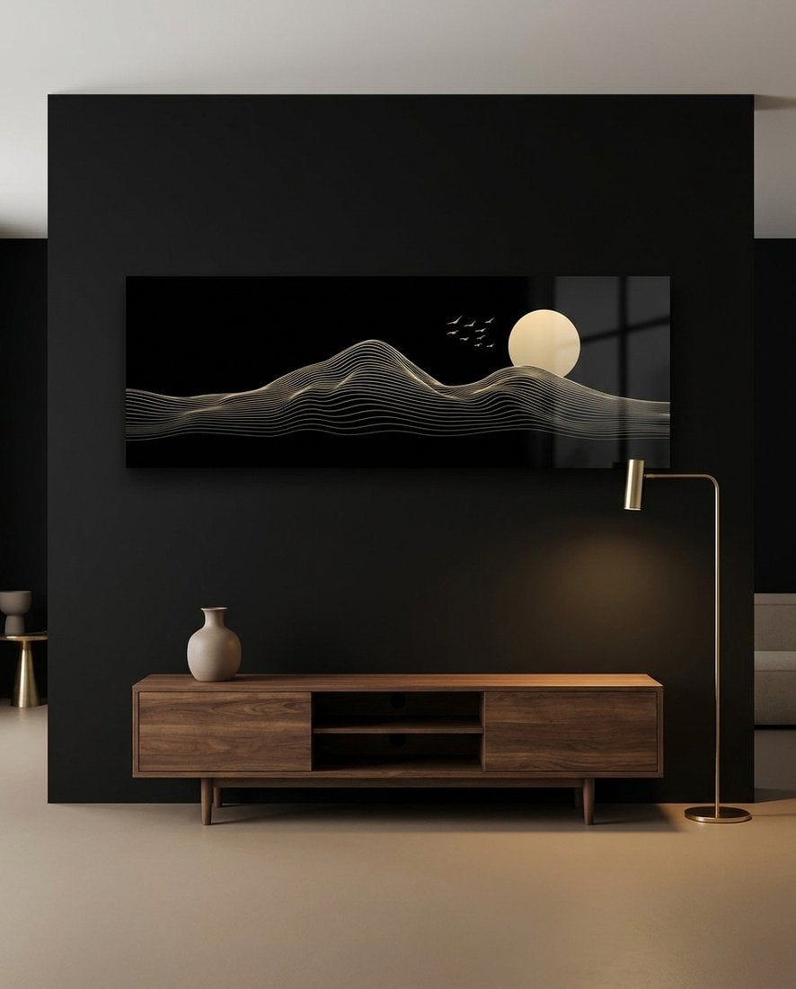 Golden Line Mountains and Moon Glass Wall Art (36"x14")