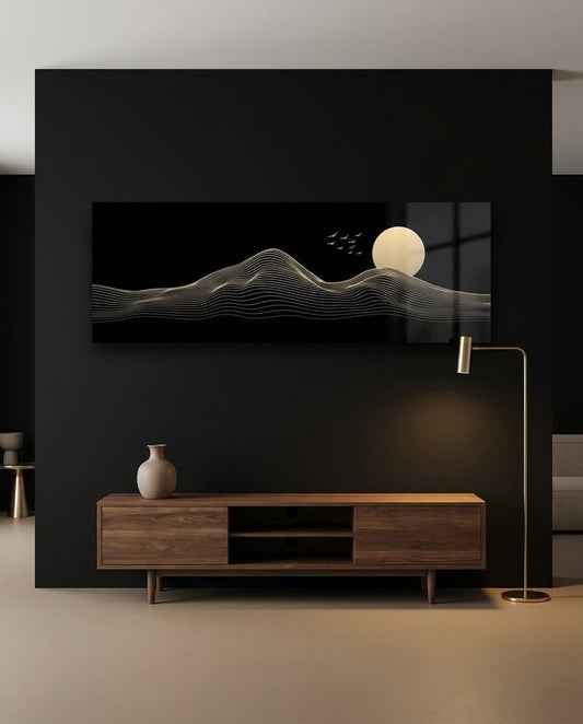 Golden Line Mountains and Moon Glass Wall Art (36"x14")