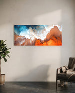 An aerial-style abstract fluid artwork of turquoise sea meeting coral-orange sand with lacy white foam. panoramic glass wall art C