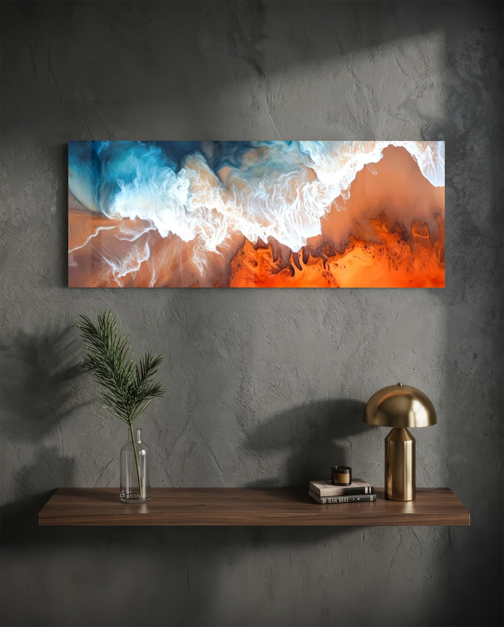 An aerial-style abstract fluid artwork of turquoise sea meeting coral-orange sand with lacy white foam. panoramic glass wall art D