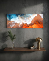 An aerial-style abstract fluid artwork of turquoise sea meeting coral-orange sand with lacy white foam. panoramic glass wall art D