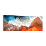 An aerial-style abstract fluid artwork of turquoise sea meeting coral-orange sand with lacy white foam. panoramic glass wall art F