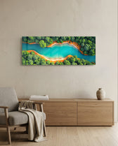 An aerial view of a winding turquoise river cutting through lush green forest with orange sandy banks. panoramic glass wall art A