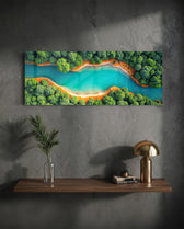 An aerial view of a winding turquoise river cutting through lush green forest with orange sandy banks. panoramic glass wall art D