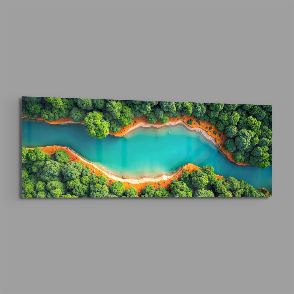 An aerial view of a winding turquoise river cutting through lush green forest with orange sandy banks. panoramic glass wall art E