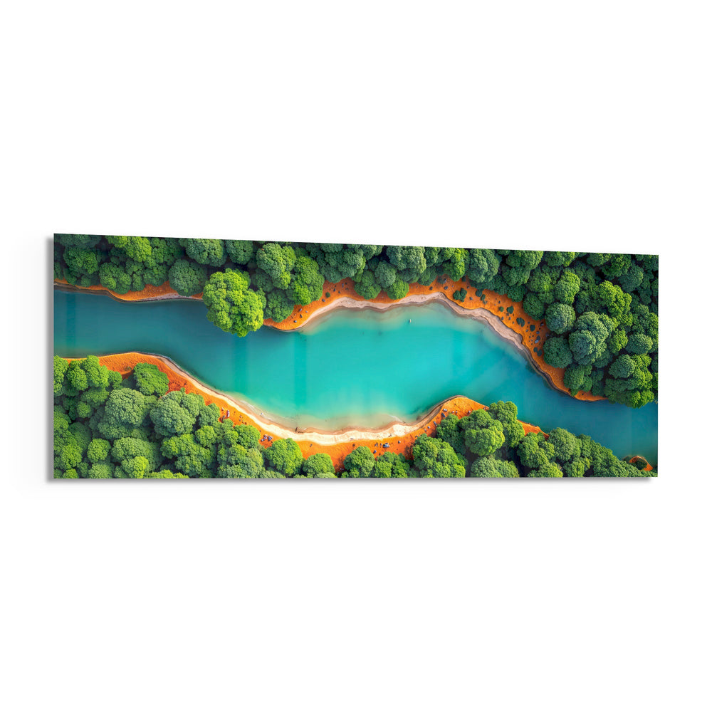 An aerial view of a winding turquoise river cutting through lush green forest with orange sandy banks. panoramic glass wall art F