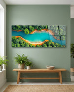 Turquoise River Through Green Forest Glass Wall Art (36"x14")