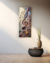 A glowing treble clef swirling with scattered music notes and ribbons of light over vintage sheet music. panoramic glass wall art A