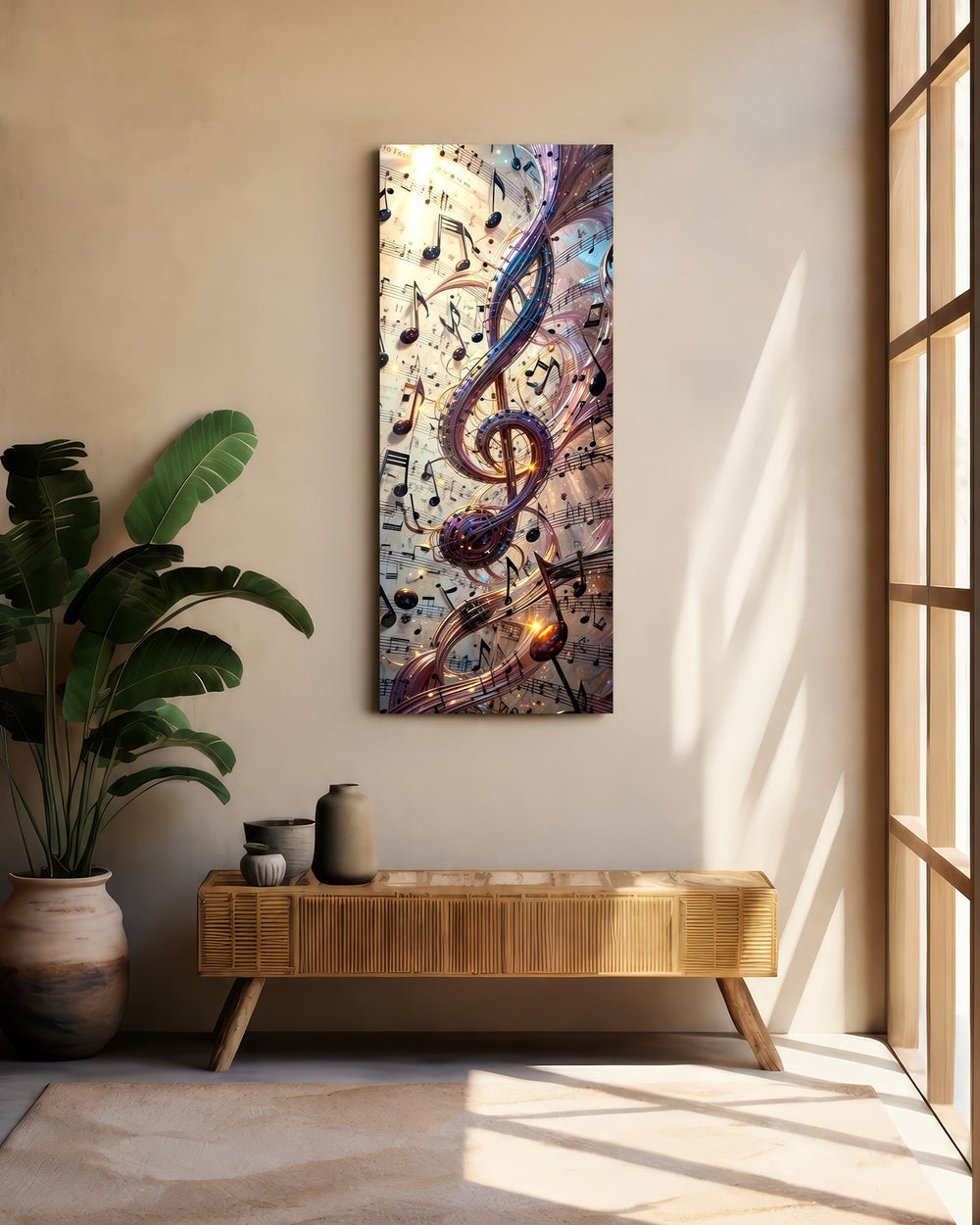 Swirling Treble Clef and Music Notes Glass Wall Art (36"x14")
