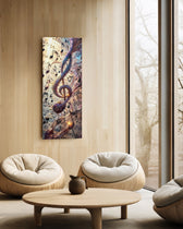 A glowing treble clef swirling with scattered music notes and ribbons of light over vintage sheet music. panoramic glass wall art C