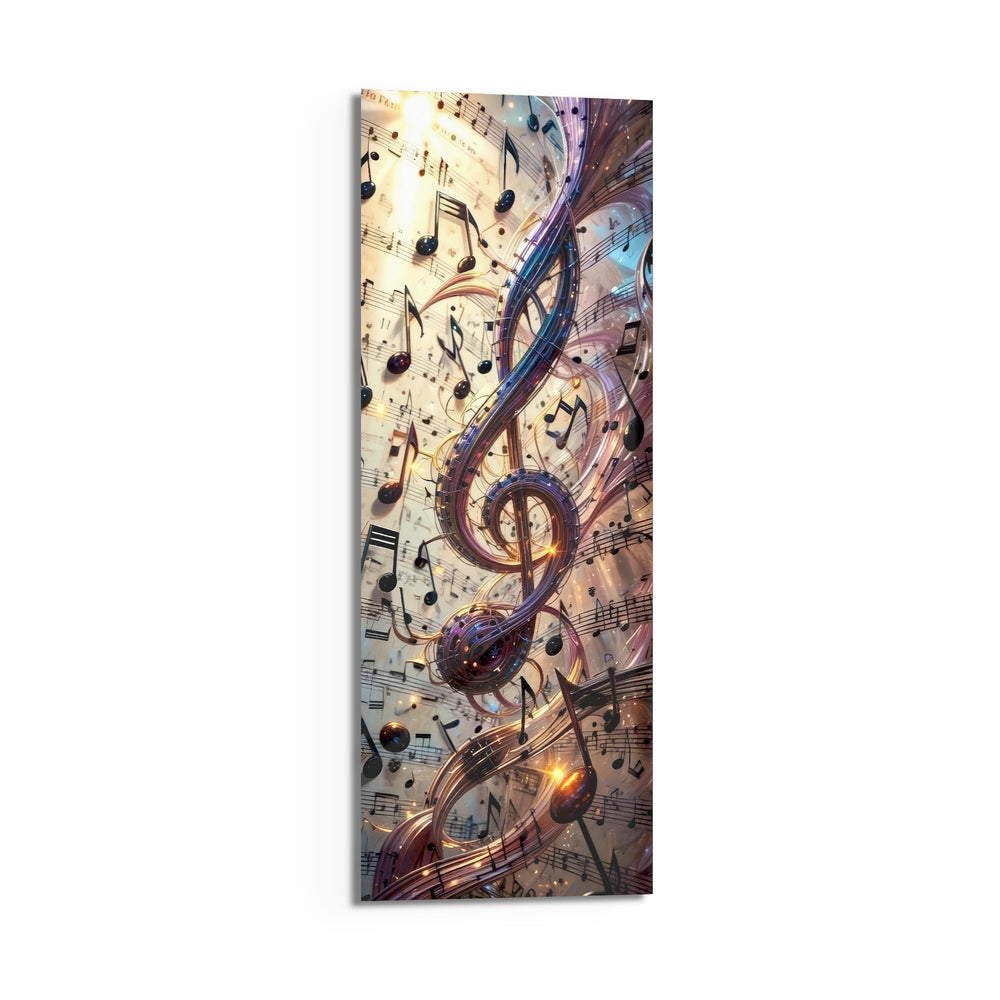 A glowing treble clef swirling with scattered music notes and ribbons of light over vintage sheet music. panoramic glass wall art D