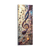 A glowing treble clef swirling with scattered music notes and ribbons of light over vintage sheet music. panoramic glass wall art D