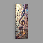 A glowing treble clef swirling with scattered music notes and ribbons of light over vintage sheet music. panoramic glass wall art E