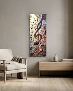 A glowing treble clef swirling with scattered music notes and ribbons of light over vintage sheet music. panoramic glass wall art F