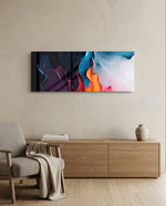A flowing abstract of liquid paint sweeping from dark navy and magenta into bright orange, blue, and white. panoramic glass wall art A