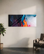 A flowing abstract of liquid paint sweeping from dark navy and magenta into bright orange, blue, and white. panoramic glass wall art C