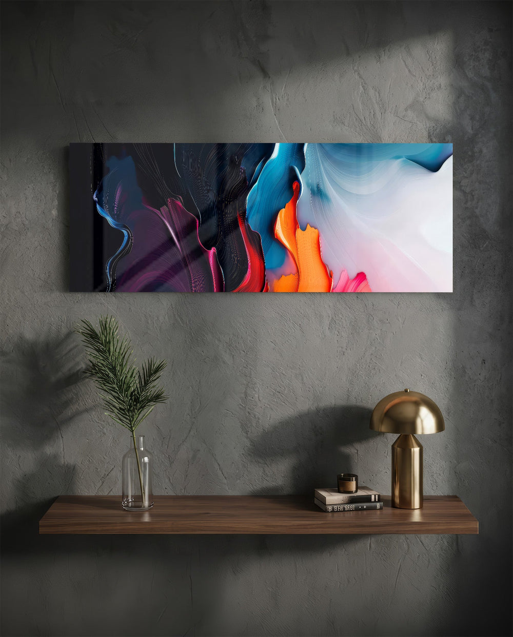 A flowing abstract of liquid paint sweeping from dark navy and magenta into bright orange, blue, and white. panoramic glass wall art D