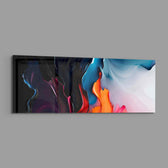 A flowing abstract of liquid paint sweeping from dark navy and magenta into bright orange, blue, and white. panoramic glass wall art E