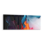 A flowing abstract of liquid paint sweeping from dark navy and magenta into bright orange, blue, and white. panoramic glass wall art F