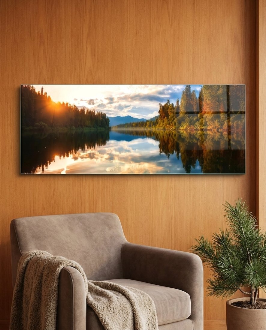 Sunrise Autumn Lake Reflection Glass Wall Art (36"x14")
