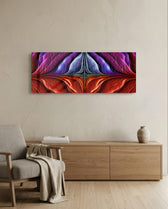 A symmetrical abstract of iridescent veined petals in purple, blue, magenta, and fiery red. panoramic glass wall art A