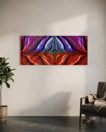 A symmetrical abstract of iridescent veined petals in purple, blue, magenta, and fiery red. panoramic glass wall art C