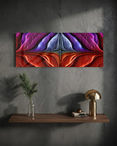 A symmetrical abstract of iridescent veined petals in purple, blue, magenta, and fiery red. panoramic glass wall art D
