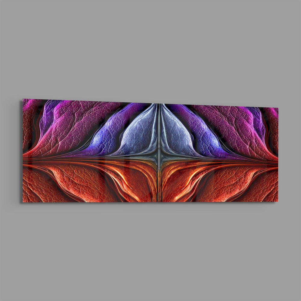 A symmetrical abstract of iridescent veined petals in purple, blue, magenta, and fiery red. panoramic glass wall art E