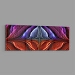A symmetrical abstract of iridescent veined petals in purple, blue, magenta, and fiery red. panoramic glass wall art E