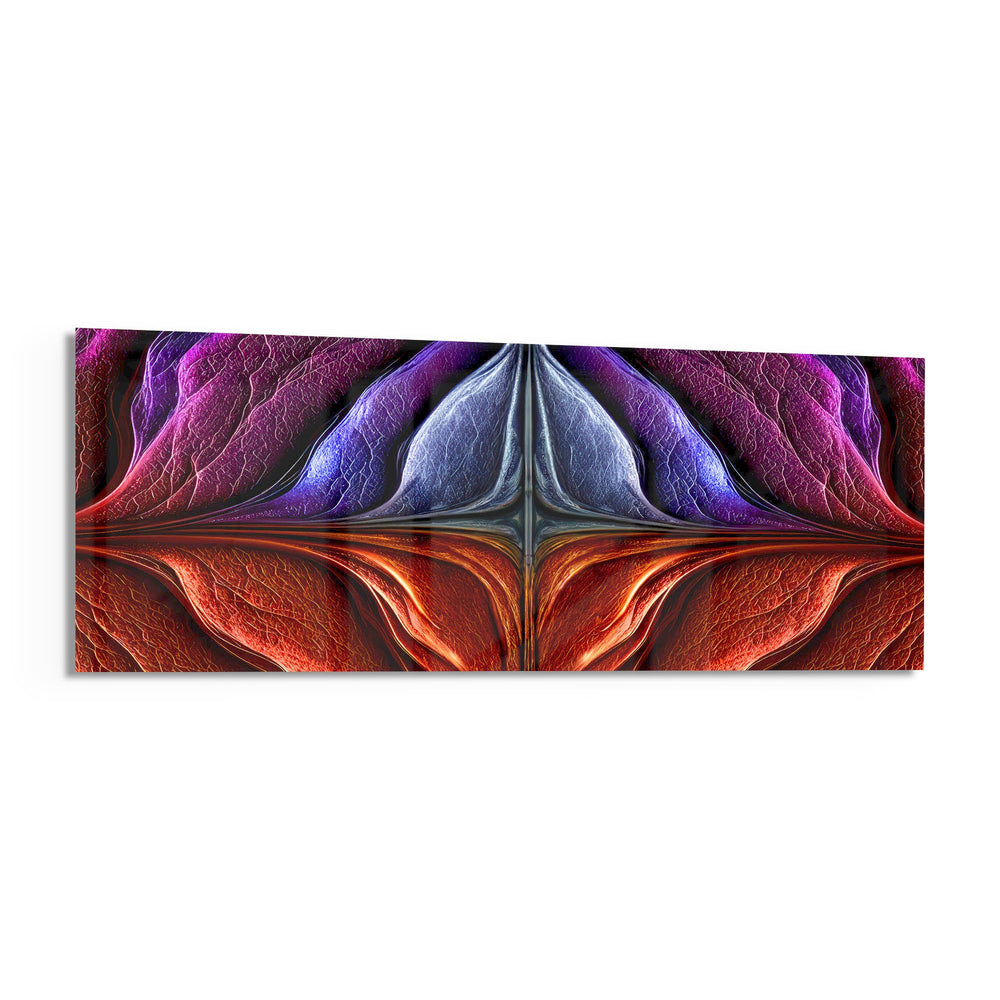 A symmetrical abstract of iridescent veined petals in purple, blue, magenta, and fiery red. panoramic glass wall art F
