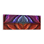 A symmetrical abstract of iridescent veined petals in purple, blue, magenta, and fiery red. panoramic glass wall art F