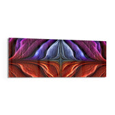 A symmetrical abstract of iridescent veined petals in purple, blue, magenta, and fiery red. panoramic glass wall art F