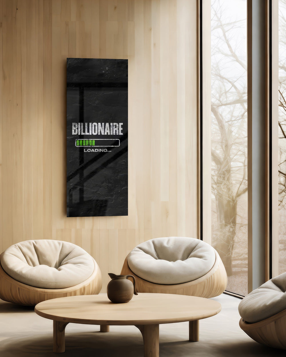 Motivational typography panel with a bold distressed word above a green segmented progress bar on a black textured ground. panoramic glass wall art C